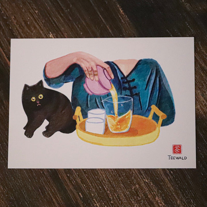 TEEWALD Tee Postkarte Cat on Tea Table