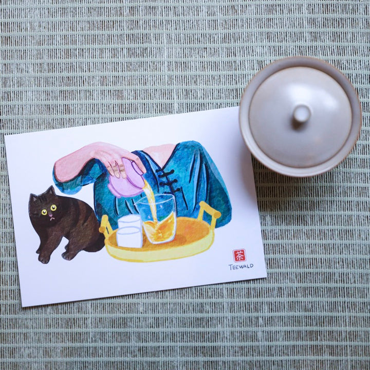 TEEWALD Tee Postkarte Cat on Tea Table